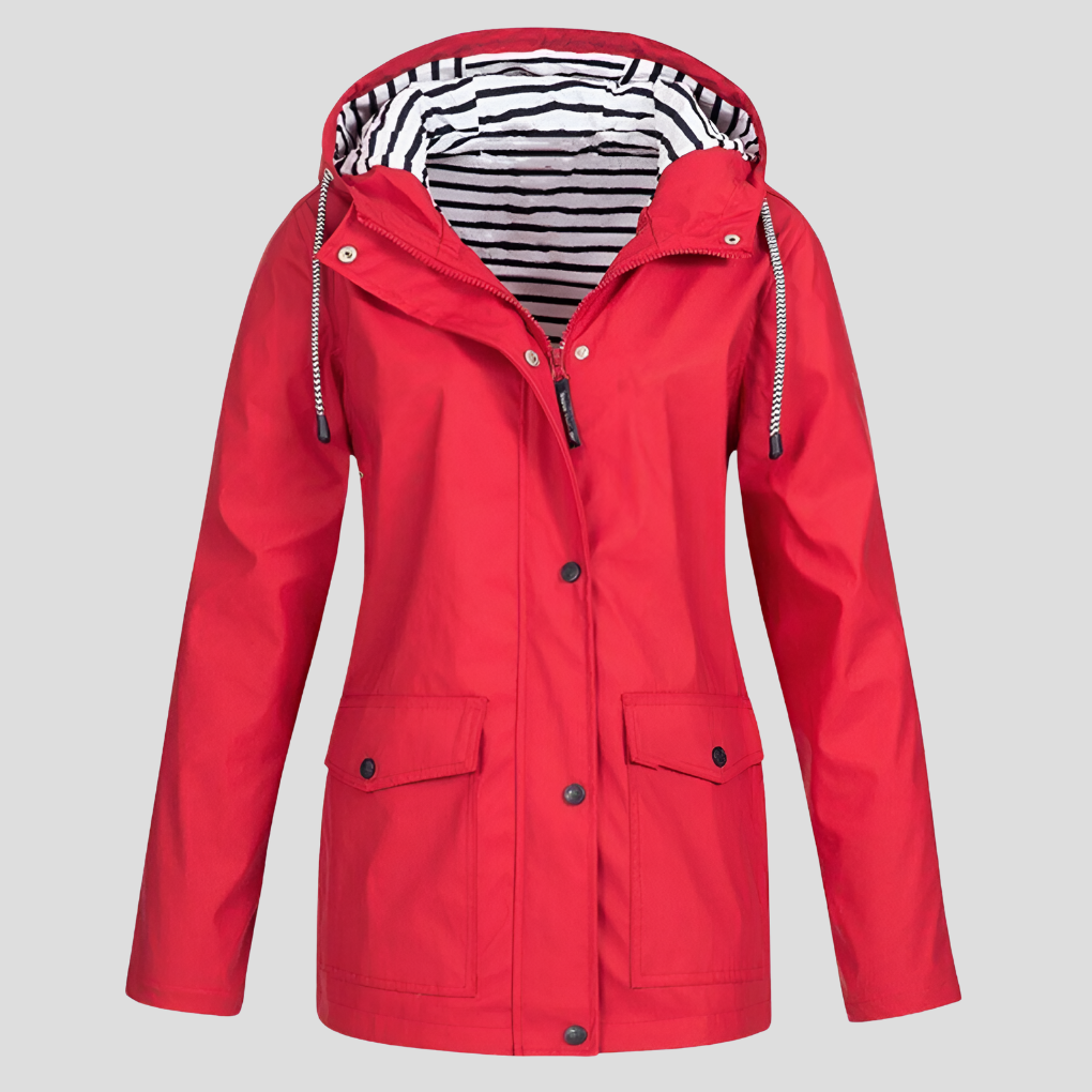 Stay dry with this women's waterproof hooded rain jacket, lightweight & stylish for all-weather protection.