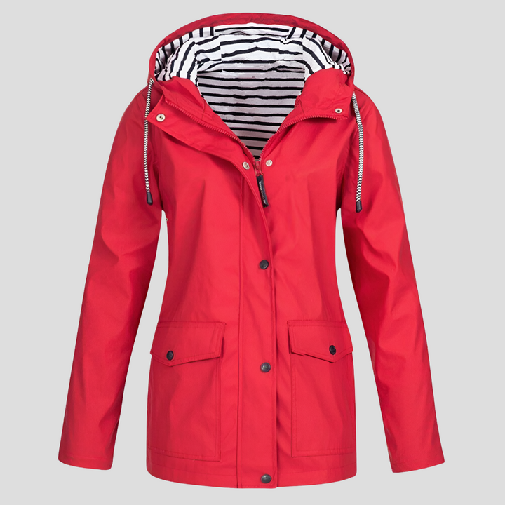 Stay dry with this women's waterproof hooded rain jacket, lightweight & stylish for all-weather protection.