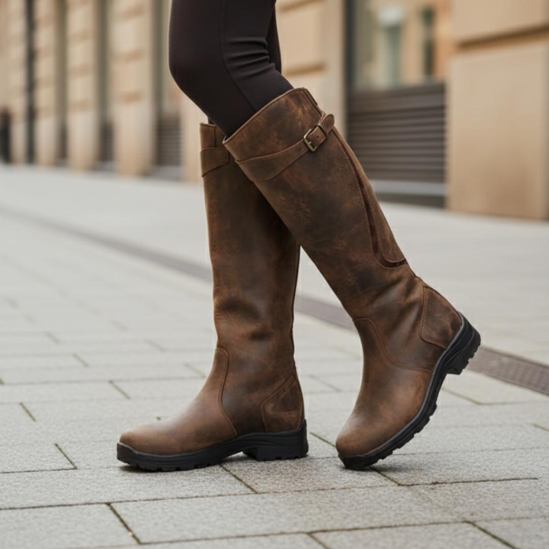 Durable women's waterproof knee-high boots offering orthopedic arch support and winter warmth.