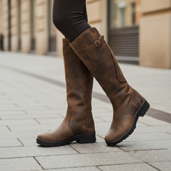 Durable women's waterproof knee-high boots offering orthopedic arch support and winter warmth.