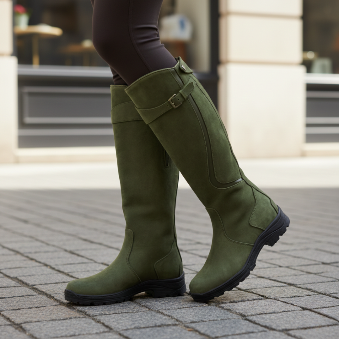 Chic women's knee-high waterproof boots for fall fashion, with orthopedic comfort and traction.