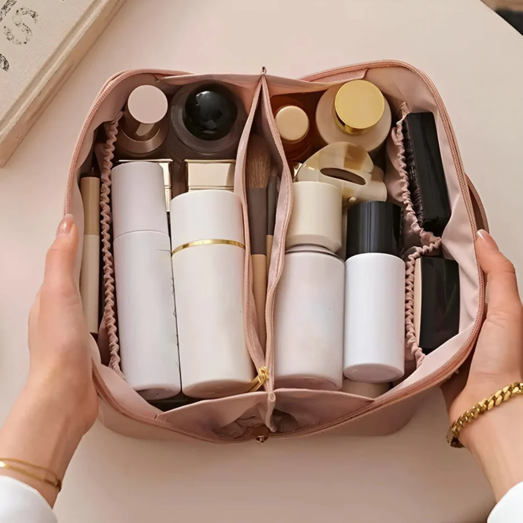 Portable waterproof travel bag for women, ideal as a makeup organizer & toiletry storage solution.