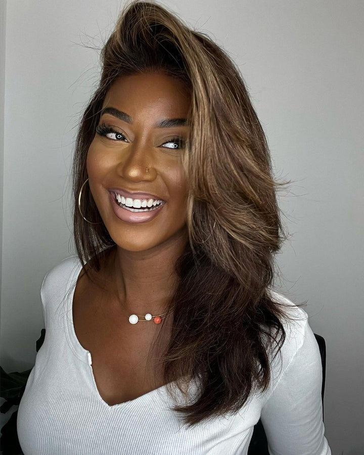 Natural-looking women's human hair lace front wig, wavy style, dark brown with blonde highlights.