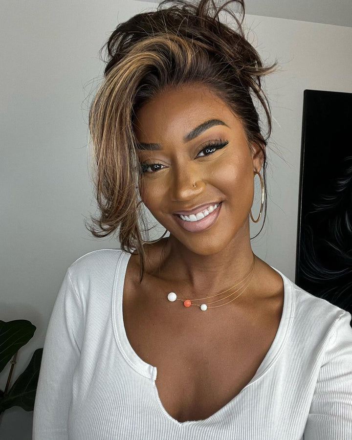 Swiss lace front wig: women's wavy human hair, rich dark brown with striking blonde highlights.