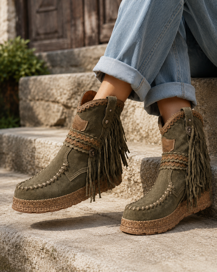 Women's Western Fringe Ankle Boots, boho style. Ideal for casual, bohemian, or festival outfits.