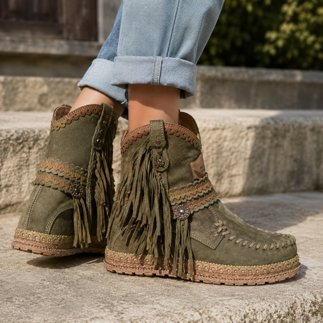 Fashionable women's bohemian style ankle boots with western fringe. Perfect casual, everyday footwear.