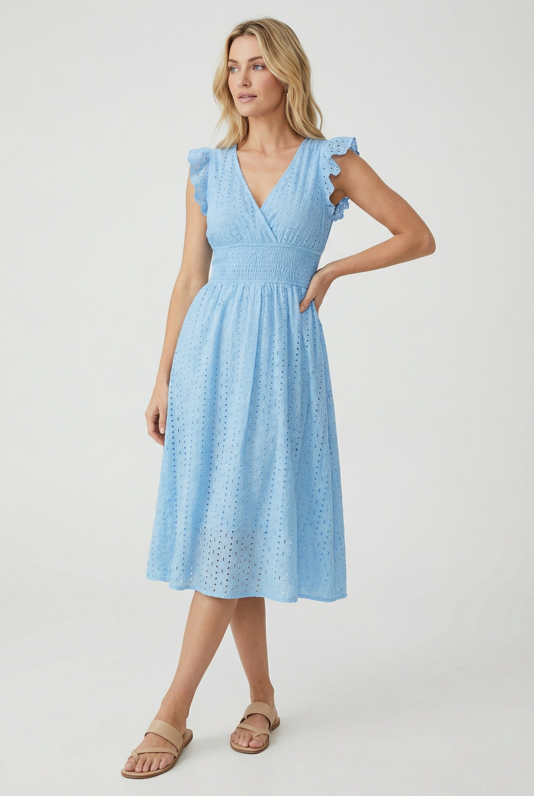 Flat lay: Women's white eyelet midi dress with ruffled sleeves, smocked waist, and flared hem. Casual summer fashion.