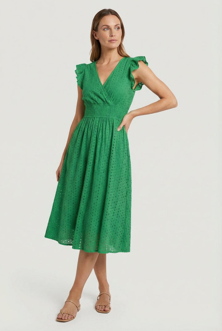 Versatile flared eyelet midi dress with ruffled sleeves, ideal for beach, casual outings, or elegant summer events.