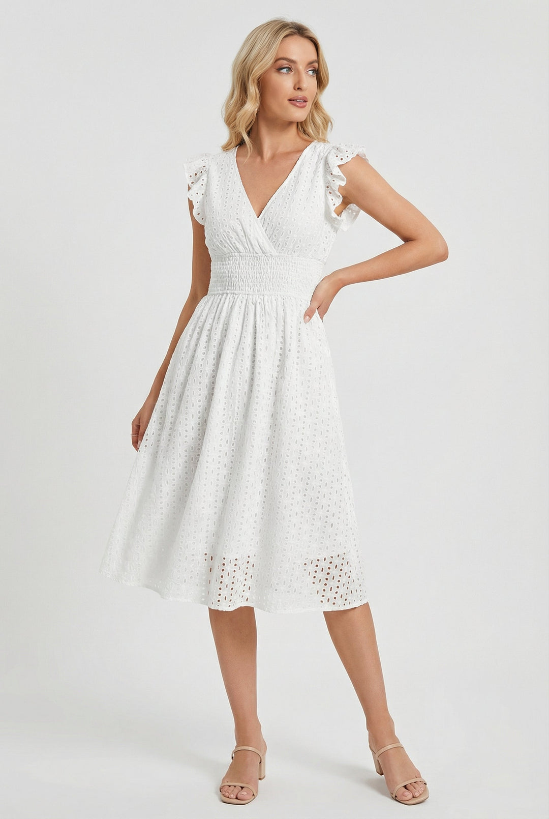 Close-up of delicate eyelet fabric on a women's white midi dress. Features ruffled sleeves & smocked waist for summer.