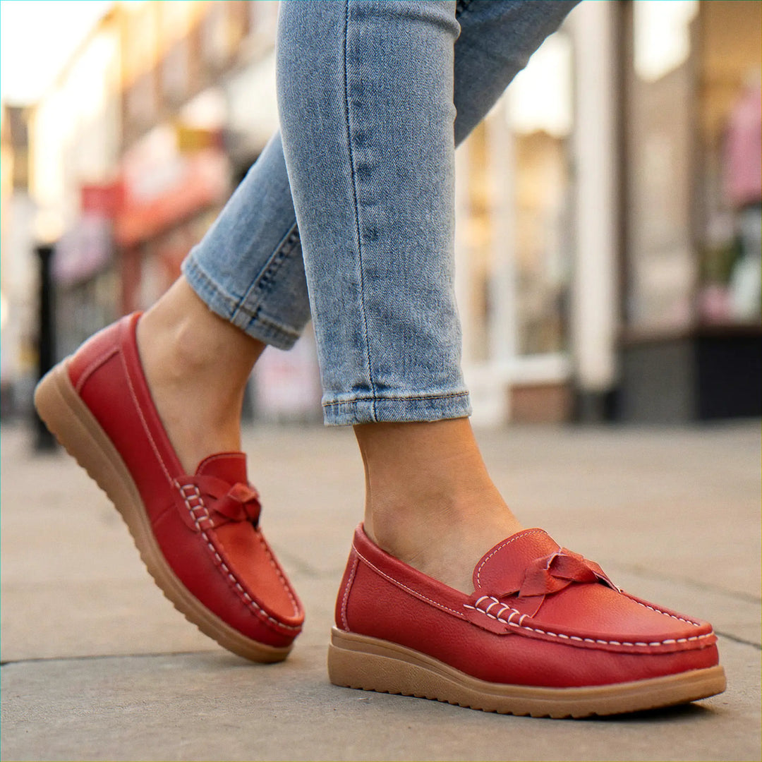 Comfortable wide fit slip-on women's loafers, perfect orthopedic shoes for ladies needing arch support.