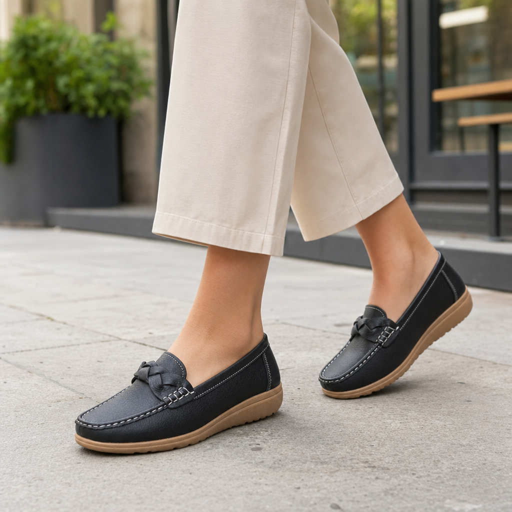 Side view of comfortable women's walking shoes, designed as wide fit slip-on loafers for foot pain relief.