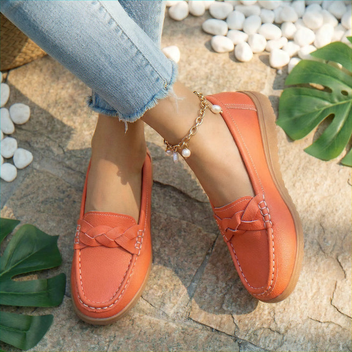 Slip-on wide fit women's walking loafers, delivering essential orthopedic arch support for foot pain relief.