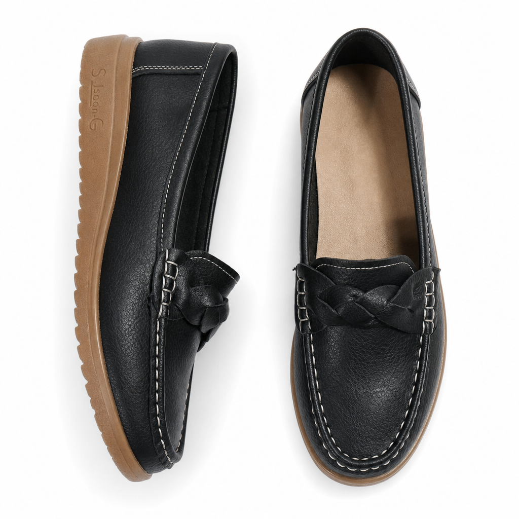Top-down view of ladies' orthopedic loafers with significant arch support, ideal for casual wear.