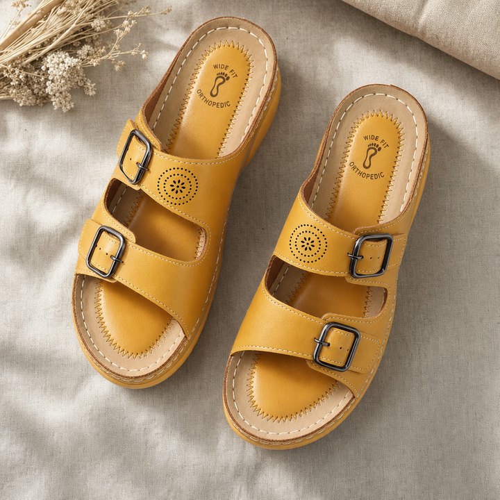 Supportive wide fit women's sandals with a cushioned sole, ideal for everyday orthopedic comfort.