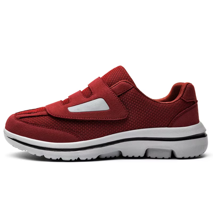 Woman walking in adjustable wide fit orthopedic slip-on shoes, showcasing comfort and reliable foot support.
