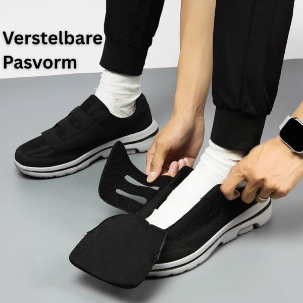Side view: women's wide fit orthopedic slip-on walking shoe with adjustable strap for daily comfort.