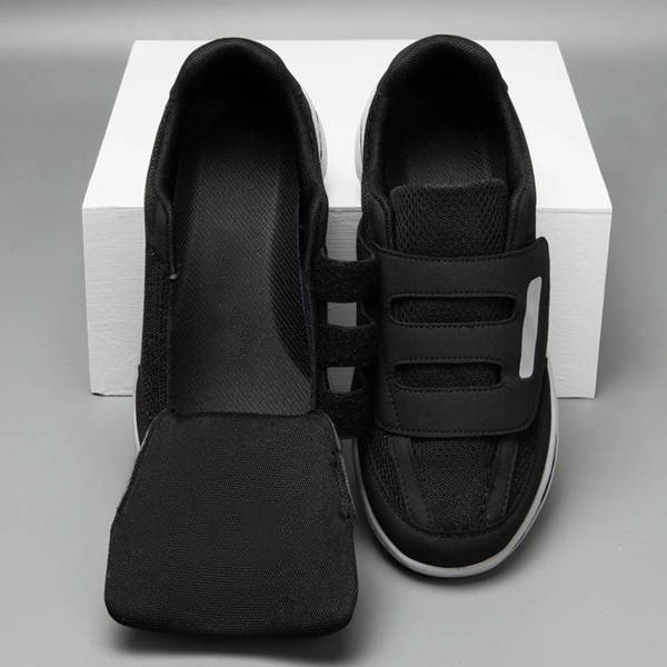 Top view: breathable women's orthopedic slip-on shoes, wide fit with adjustable strap, ideal for foot support.