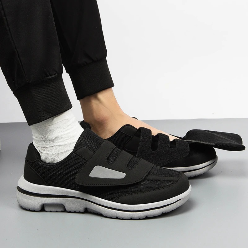 Breathable fabric of women's wide fit orthopedic slip-on health footwear, adjustable for ultimate comfort.