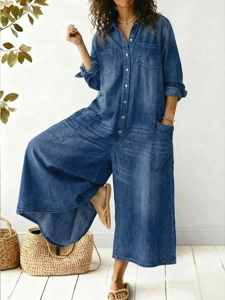 Women's wide leg button-up jumpsuit with collar & long sleeves. Perfect for casual everyday wear.