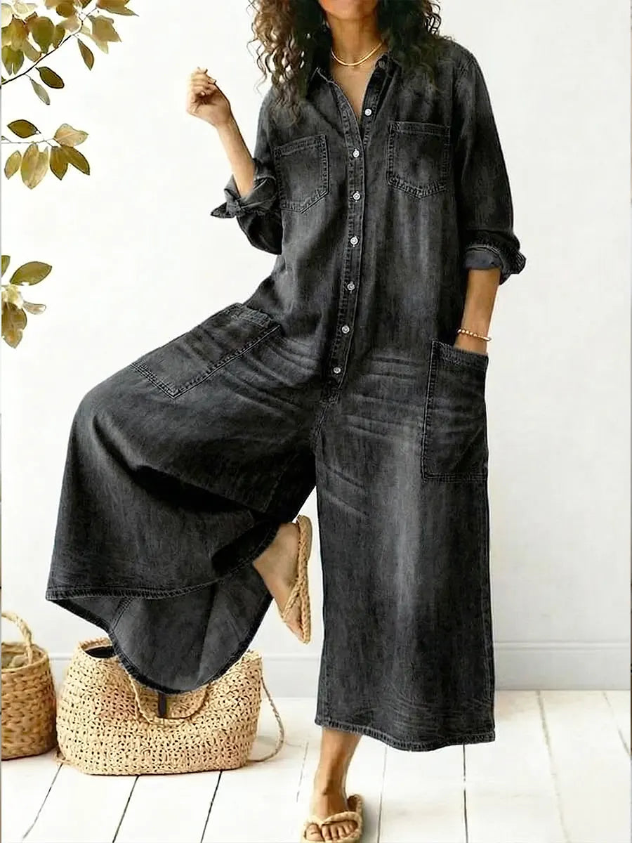 Chic women's collared wide leg jumpsuit with full button front. Ideal travel outfit & relaxed casual style.