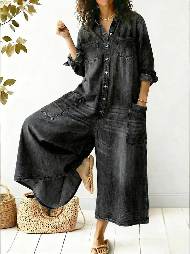 Chic women's collared wide leg jumpsuit with full button front. Ideal travel outfit & relaxed casual style.
