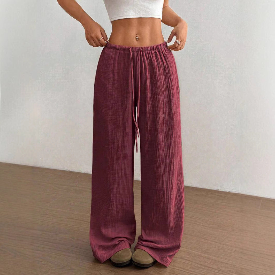 Everyday casual women's wide leg pants, crinkle texture, and a comfy drawstring elastic waist. Easy style.