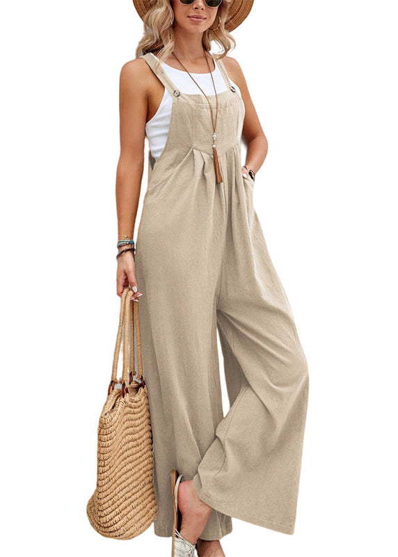 Sleeveless wide-leg jumpsuit for women, featuring adjustable straps & pockets, a comfortable casual outfit.
