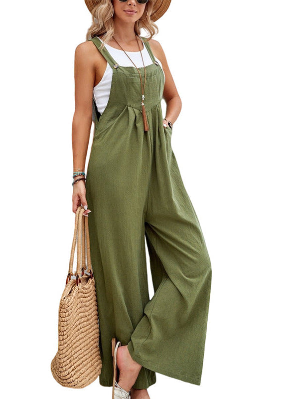 Vacation-ready women's wide-leg jumpsuit with adjustable straps, chic & comfortable for summer.