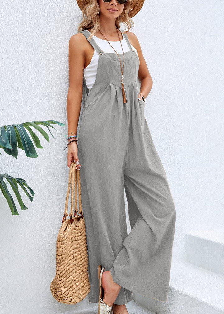 Women's comfortable wide-leg jumpsuit, sleeveless with adjustable button straps, great for casual summer fashion.