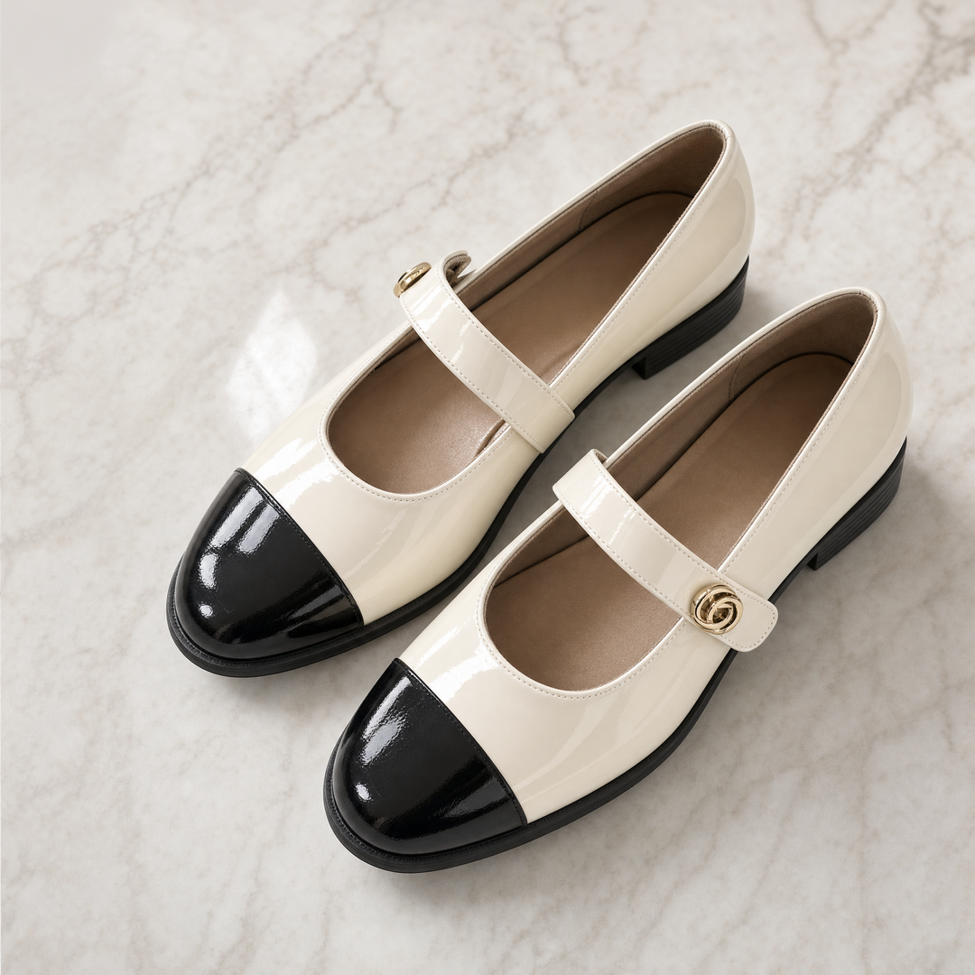 Comfortable women's footwear: Mary Jane flats with wide toe box, arch support.