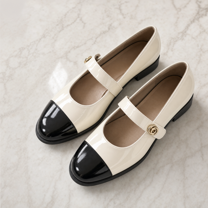 Comfortable women's footwear: Mary Jane flats with wide toe box, arch support.