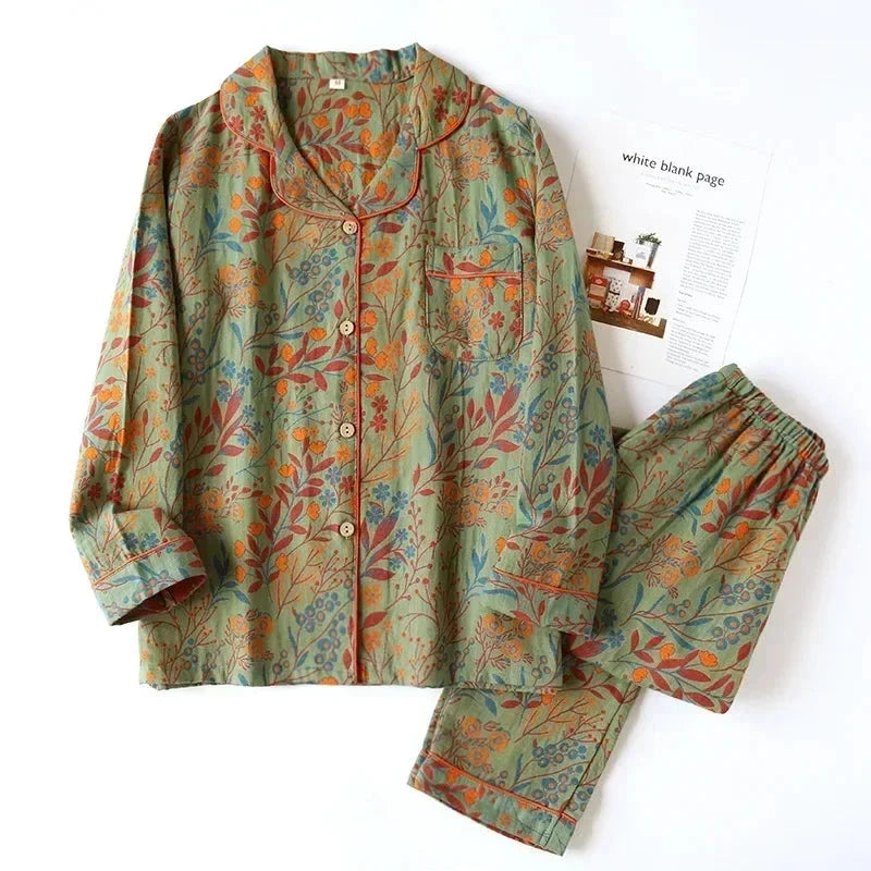 Comfortable women's button-up pajama set featuring a beautiful wildflower botanical print.