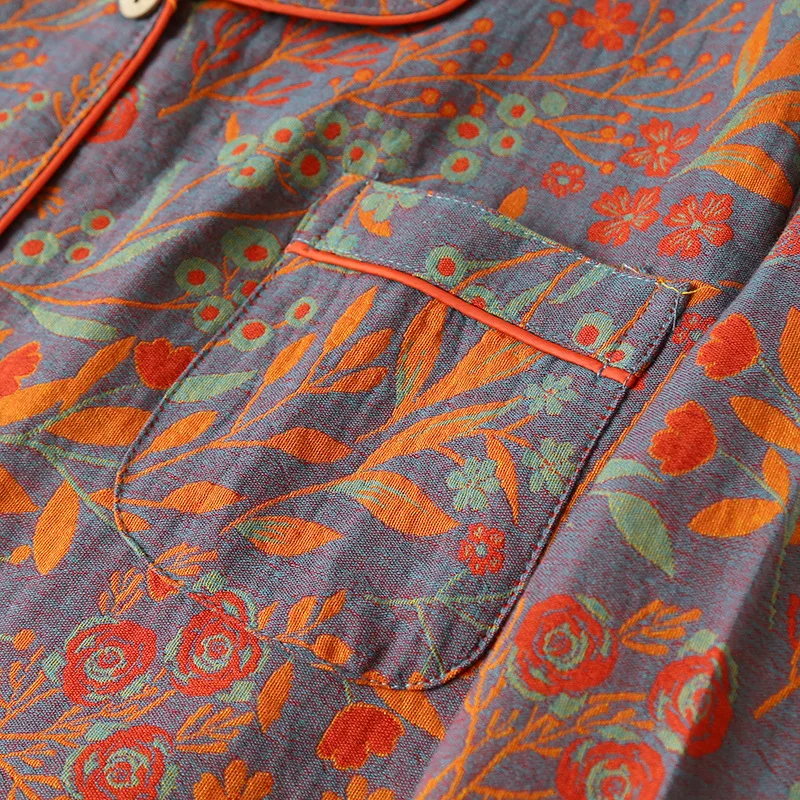 Women's Wildflower button-up pajama set, luxurious floral print sleepwear for ultimate relaxation.