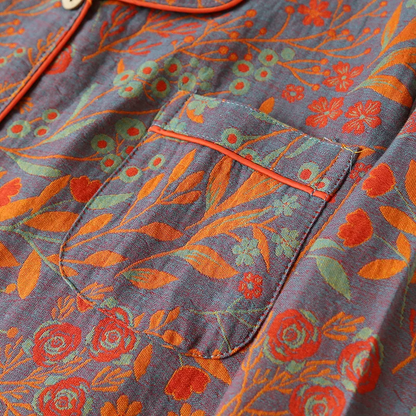 Women's Wildflower button-up pajama set, luxurious floral print sleepwear for ultimate relaxation.