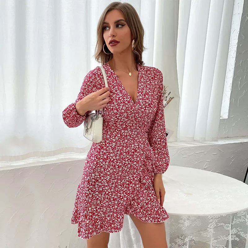 Casual elegant women's V-neck ruffle mini wrap dress in wine red floral. Long sleeve tie-waist for a flattering look.