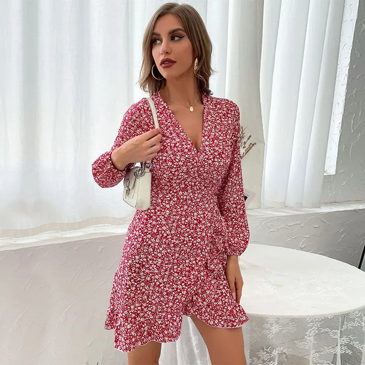 Casual elegant women's V-neck ruffle mini wrap dress in wine red floral. Long sleeve tie-waist for a flattering look.