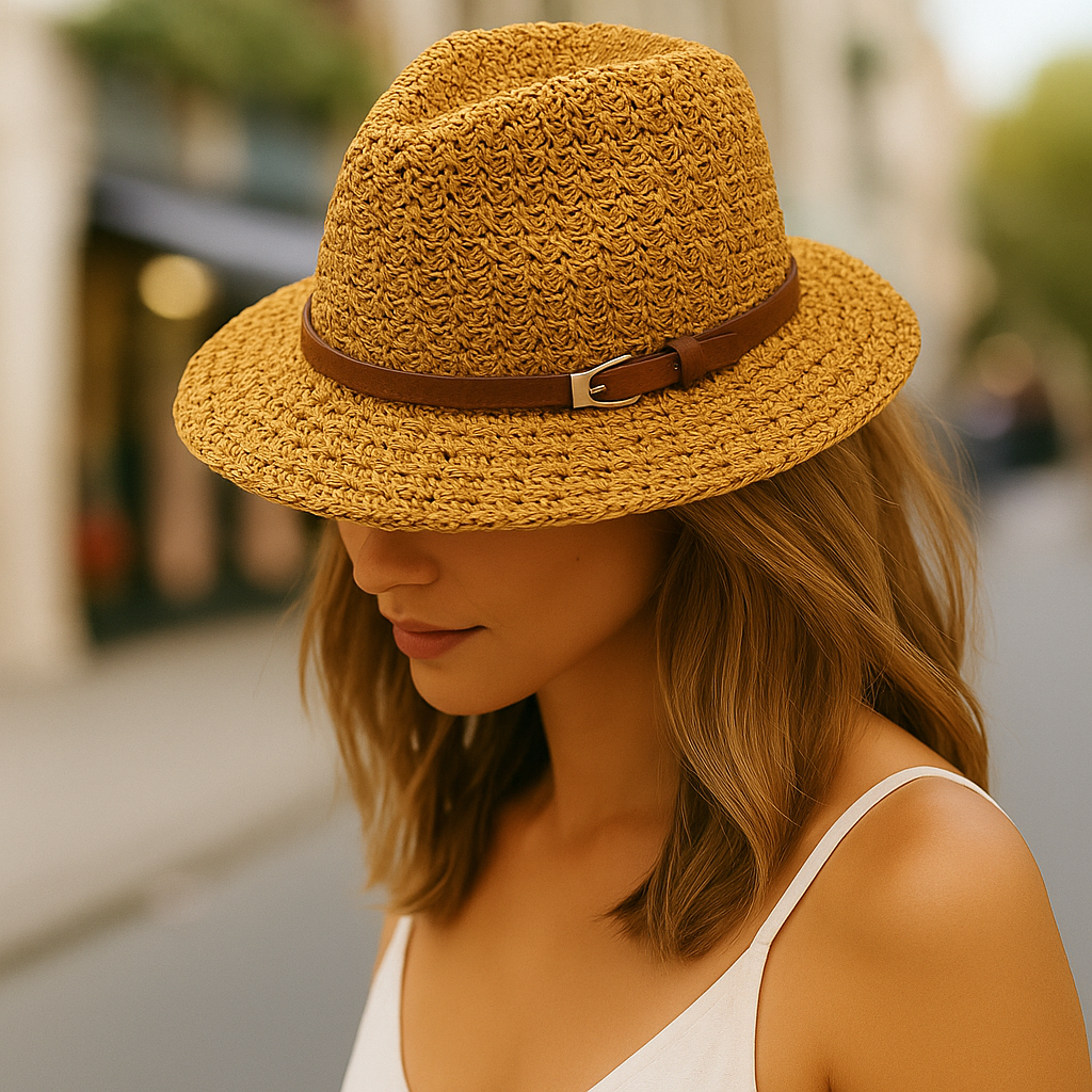 Women's woven fedora sun hat with a wide brim, perfect for stylish summer beach and vacation protection.