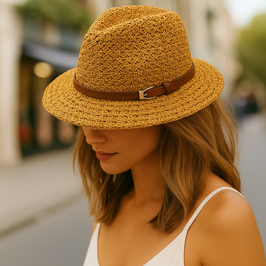 Women's woven fedora sun hat with a wide brim, perfect for stylish summer beach and vacation protection.