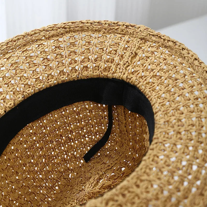 Women's woven fedora sun hat. Wide brim, faux leather, perfect beach & summer fashion accessory.