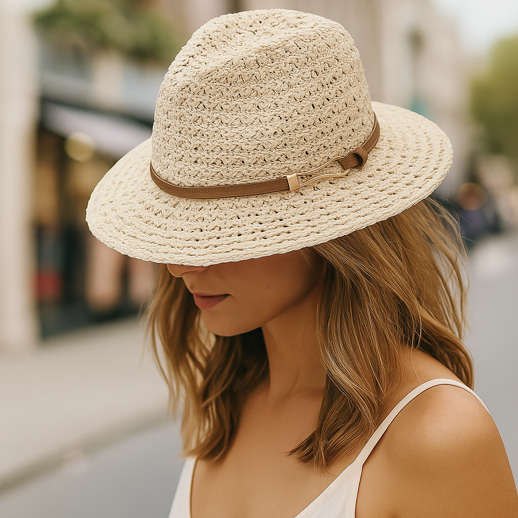 Stylish women's woven fedora hat featuring a faux leather band & wide brim for ultimate sun protection.