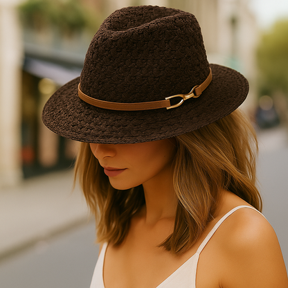 Chic women's summer beach hat: a woven fedora style with a wide brim, ideal vacation fashion accessory.