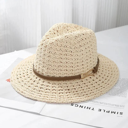 Protect with this women's wide brim woven fedora sun hat, perfect for beach days & stylish summer wear.