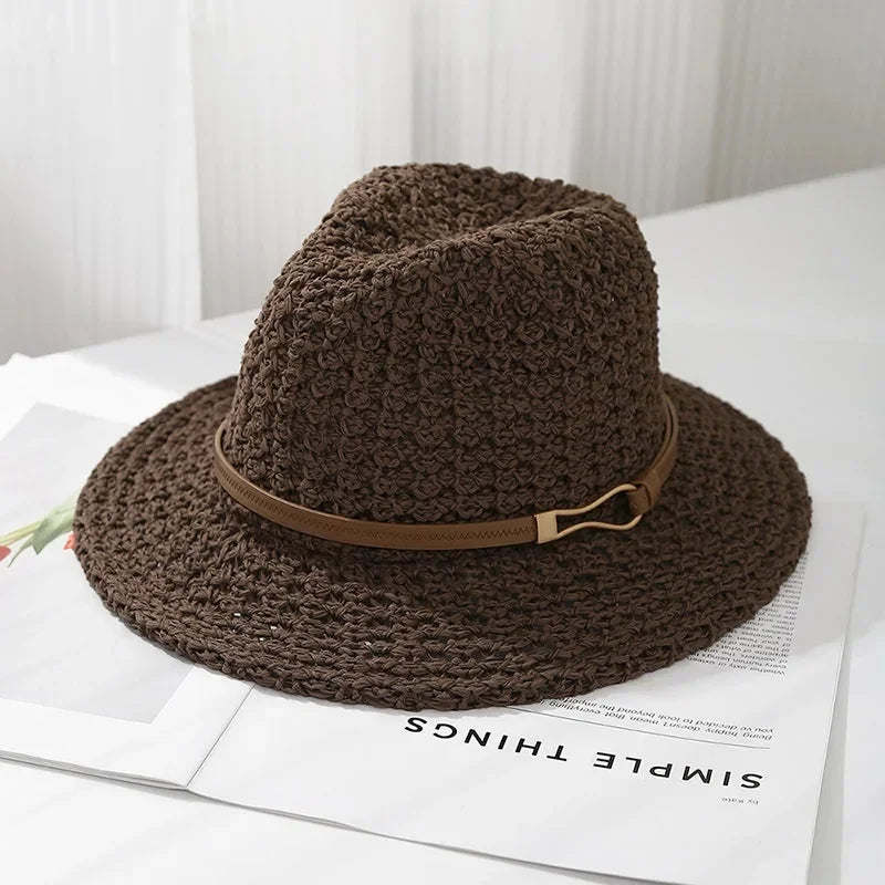 Trendy women's fashion hat: a woven fedora sun style with a chic faux leather band, ideal for summer.