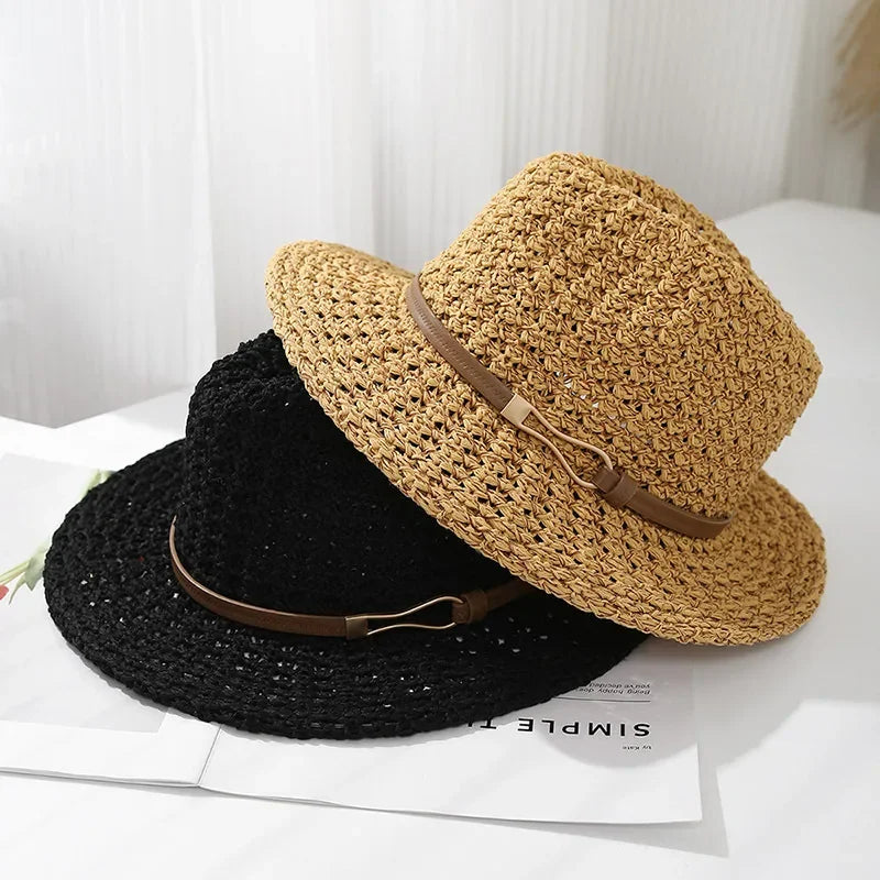 Women's woven beach fedora sun hat with wide brim, offering excellent summer sun protection and style.