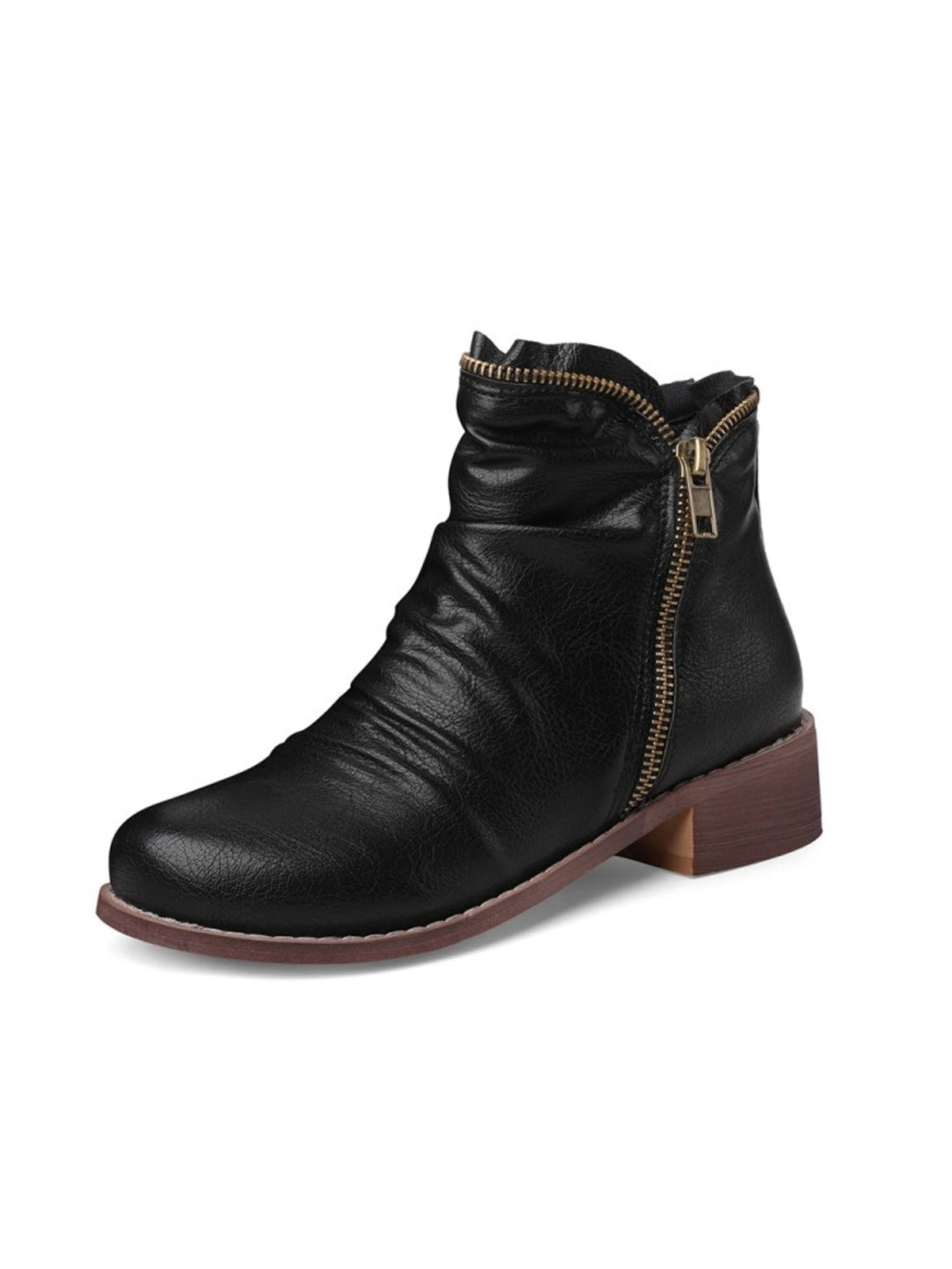 Women's wrinkled low heel double zip Western ankle boots. Black, comfortable, & stylish fall footwear.