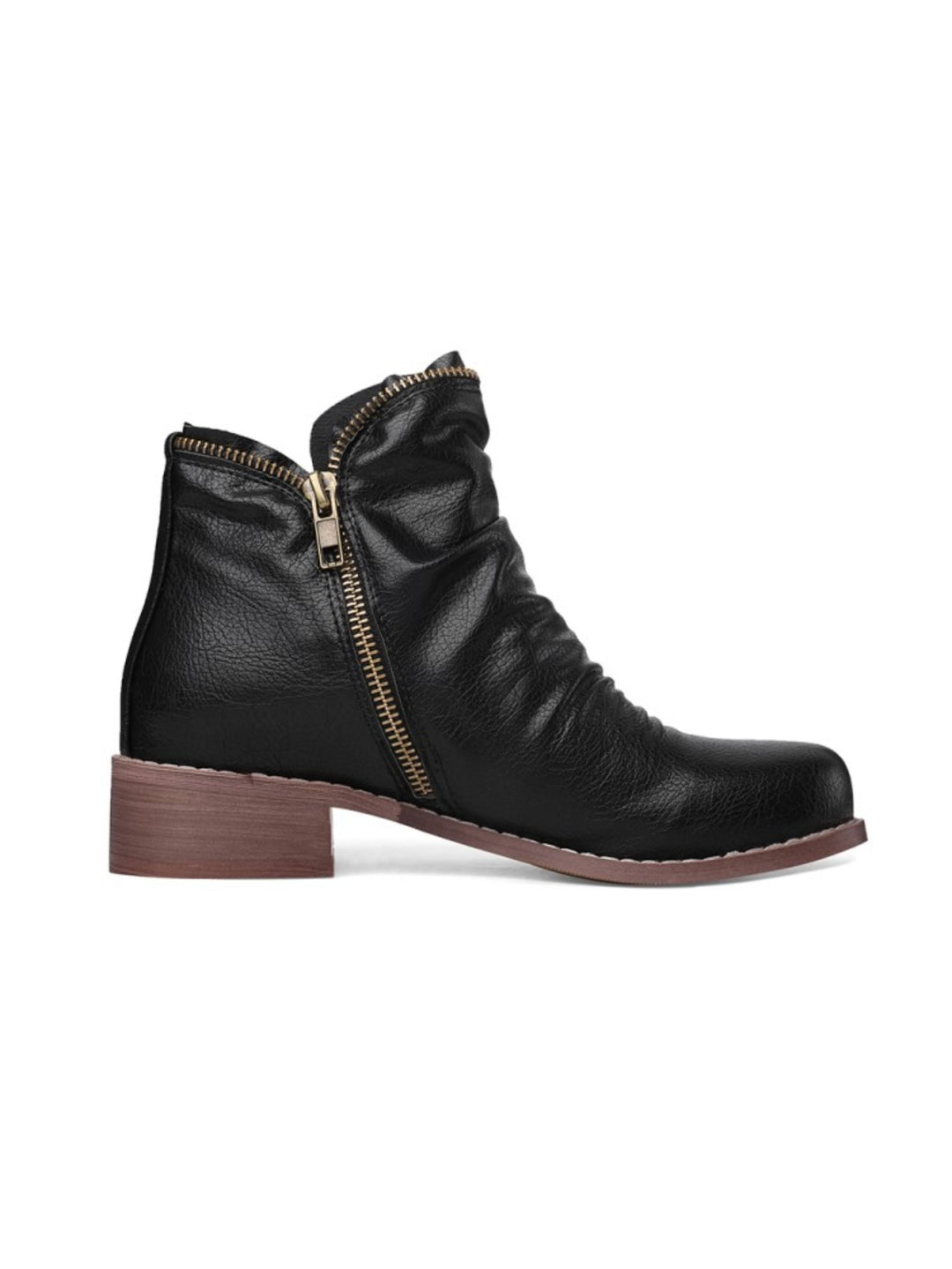 Comfortable women's wrinkled black ankle boots, round toe, low heel, double zip, great for everyday wear.