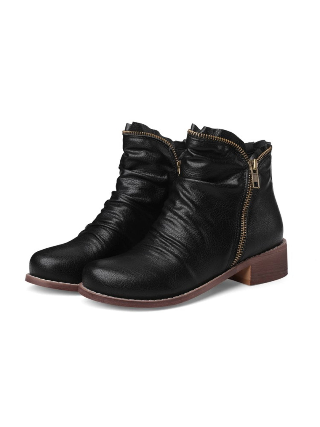Fashionable women's low heel Western ankle boots, double zip closure, perfect for everyday fall style.