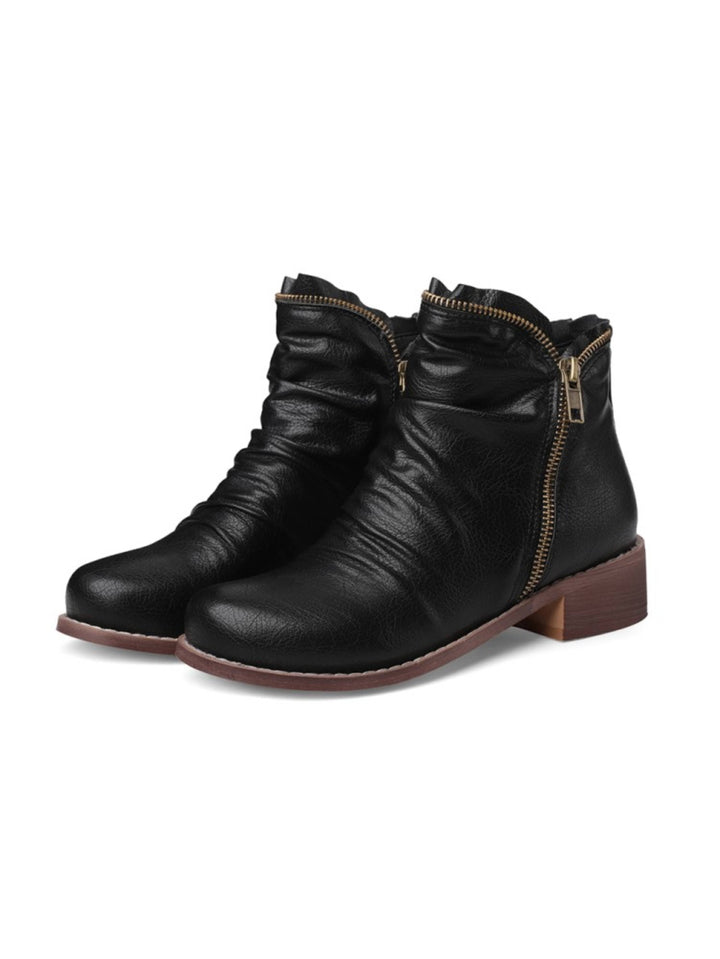 Fashionable women's low heel Western ankle boots, double zip closure, perfect for everyday fall style.