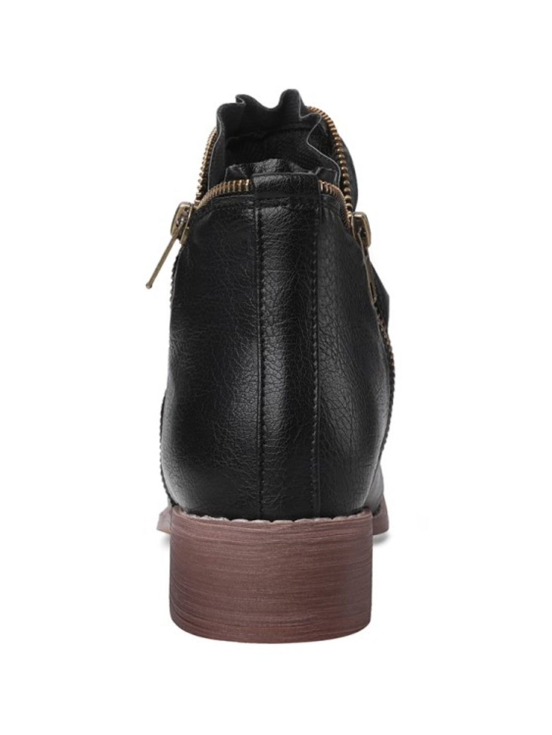 Women's round toe black Western ankle boots with a wrinkled finish, low heel, and stylish double zip.