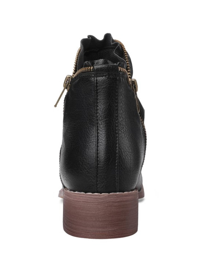 Women's round toe black Western ankle boots with a wrinkled finish, low heel, and stylish double zip.